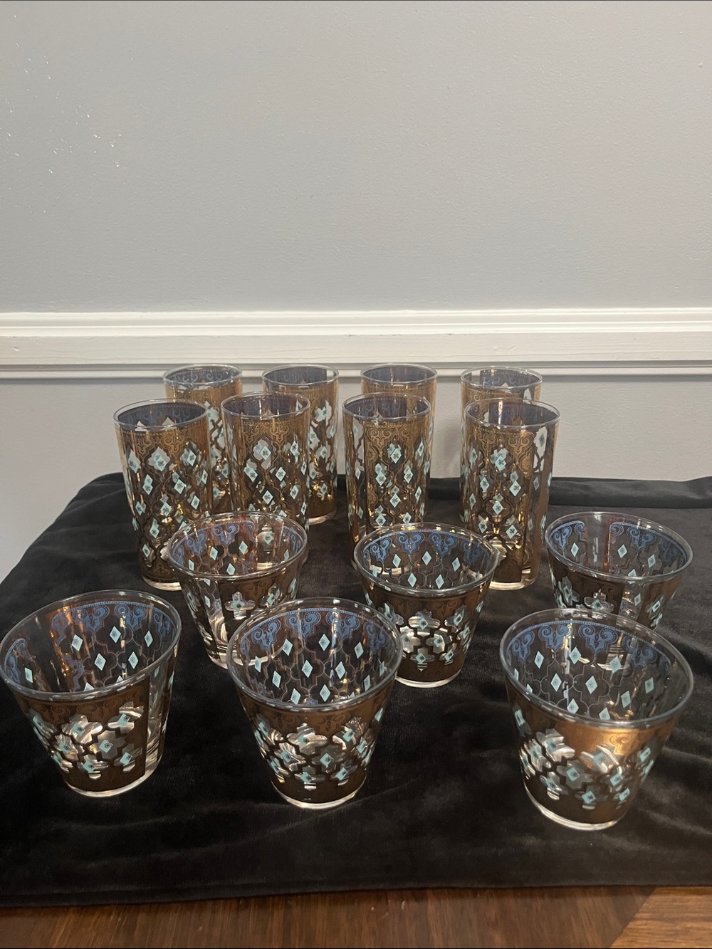 Set of 14 MCM CULVER GLASS SET 22k gold lattice pattern bar ware kitchen vintage